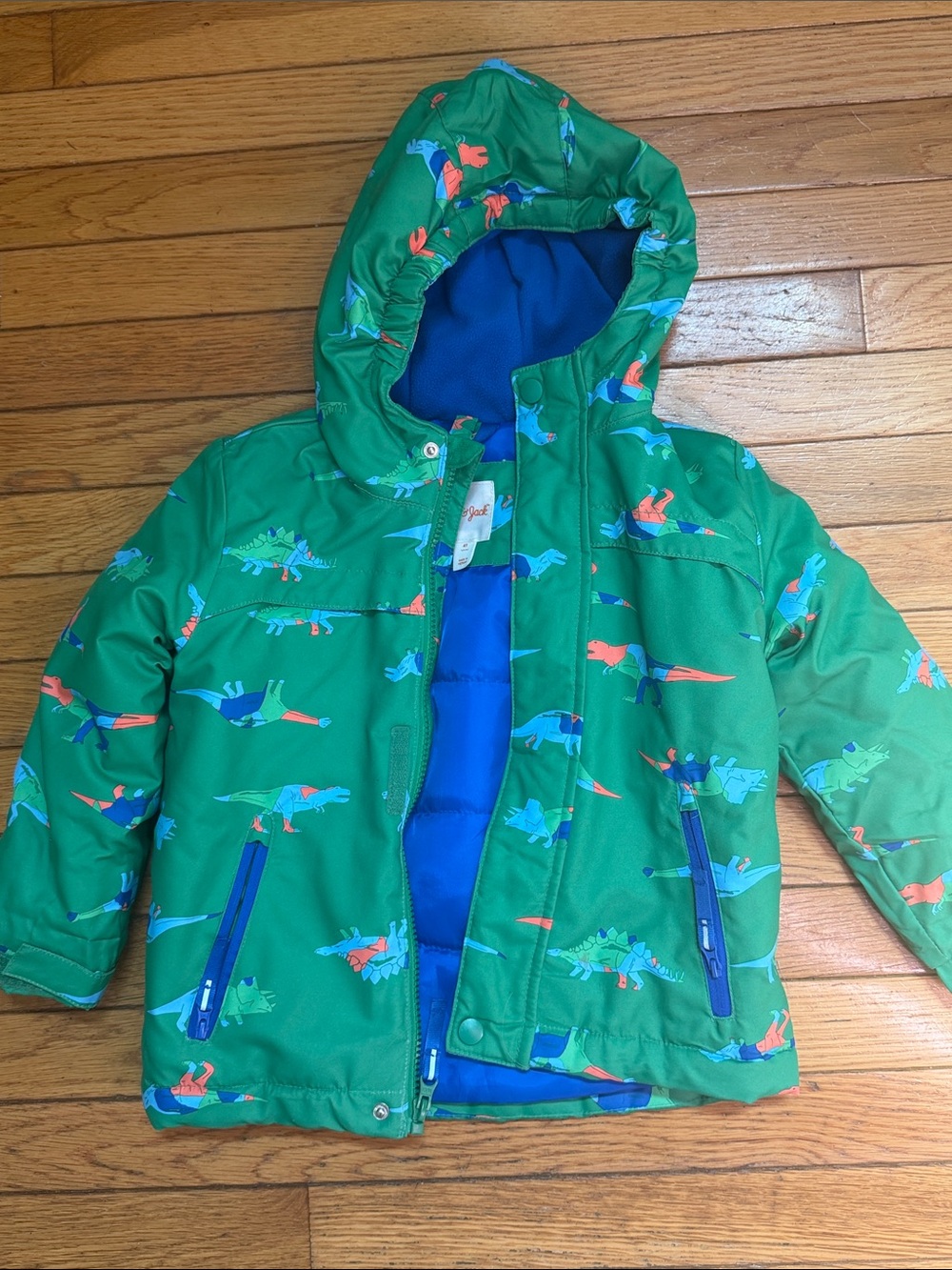 Cat & Jack Green Dinosaur Puffer Jacket with Blue Lining